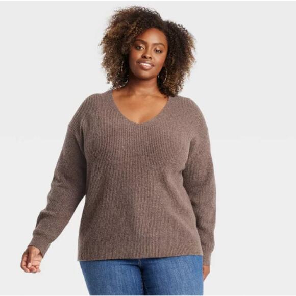 Ava & Viv Women V-Neck Soft Cozy Ribbed Knit Pullover Sweater Size 1X Brown NWT - Picture 1 of 8
